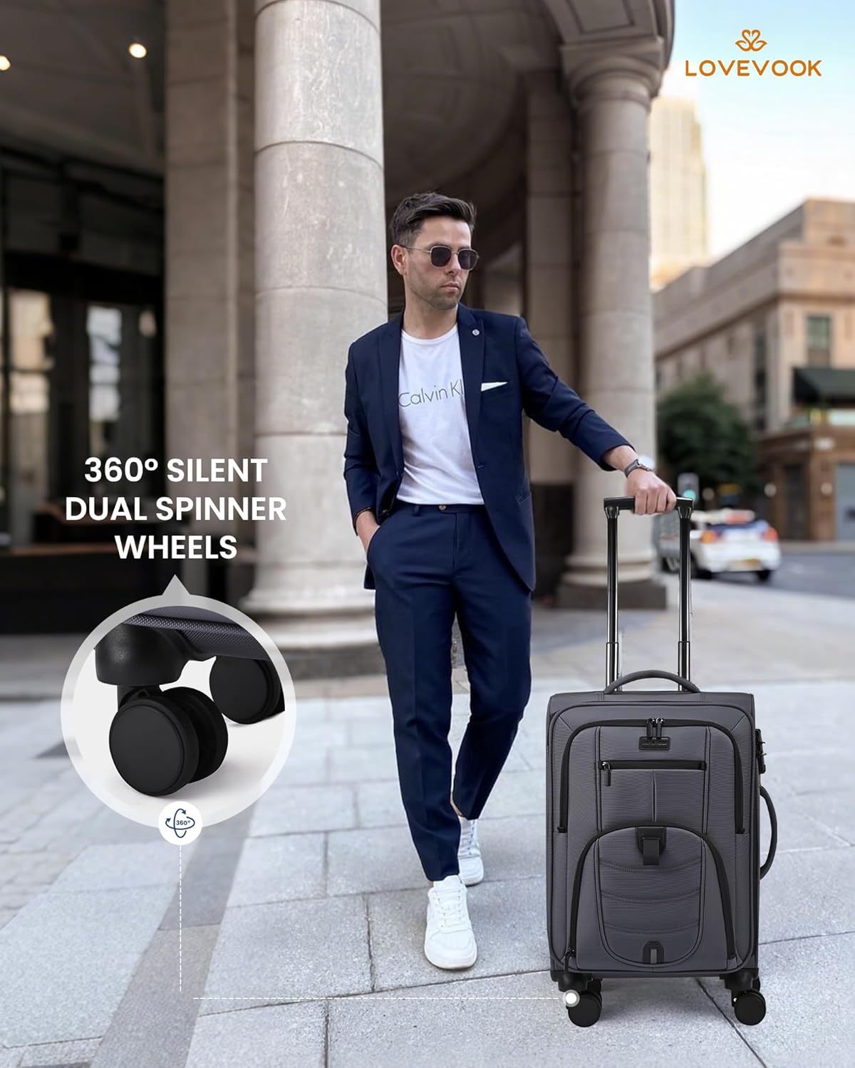 LOVEVOOK Carry On Luggage Airline Approved, Suitcases with Spinner Wheels, Softside Carry-on Luggage with TSA Lock for Men Women Business Trip, Lightweight Large Capacity Luggage for Travel, Grey