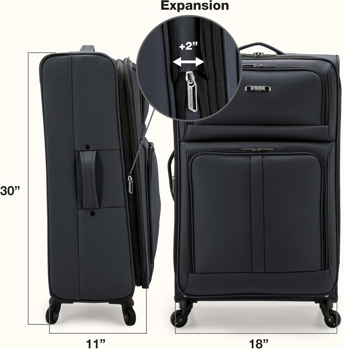 U.S. Traveler Anzio Softside Sturdy Ballistic Nylon Expandable Travel Suitcase Luggage with 4 Spinner Wheels, Dark Grey, Checked-Large 30-Inch