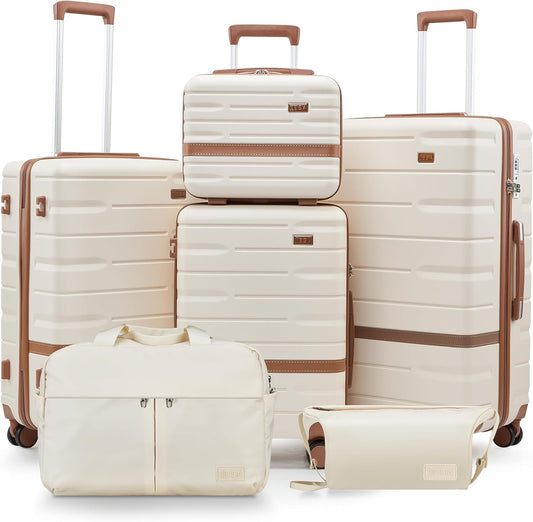 Luggage Sets, Suitcase with Spinner Wheels, PC+ABS Hardshell Travel Luggage Set with TSA Locks,Lightweight Rolling Luggage，Carry on suitcase with YKK Zippers(Beige, 6 piece set(14/20/24/28/DB/TB))