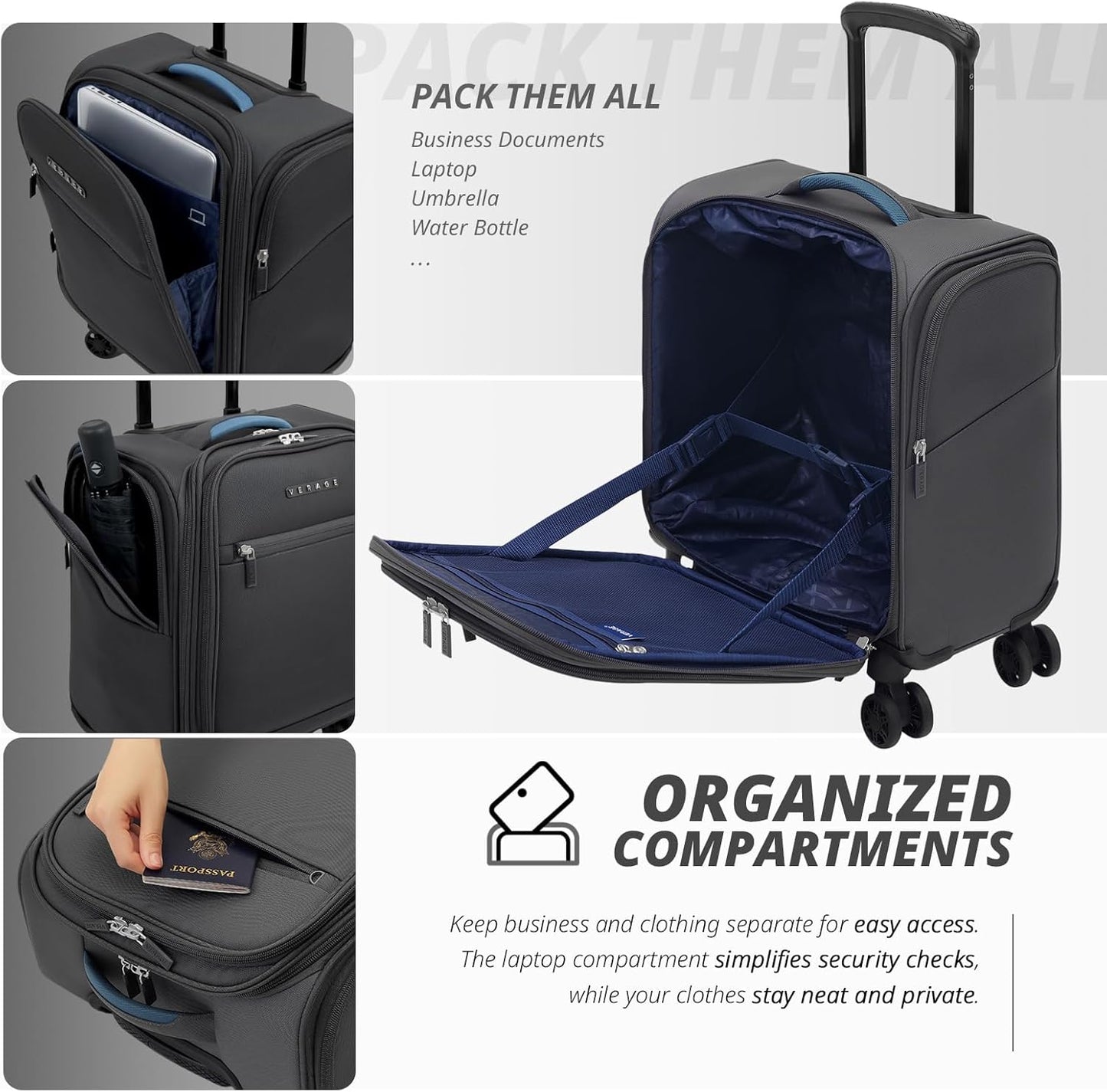 Verage Under Seat Luggage with Wheels, Softside Small Suitcase Spinner Carry On Luggage Bags for Airlines Airplanes Short Trip Men Women (Grey, 14.5-Inch Plus Underseat)