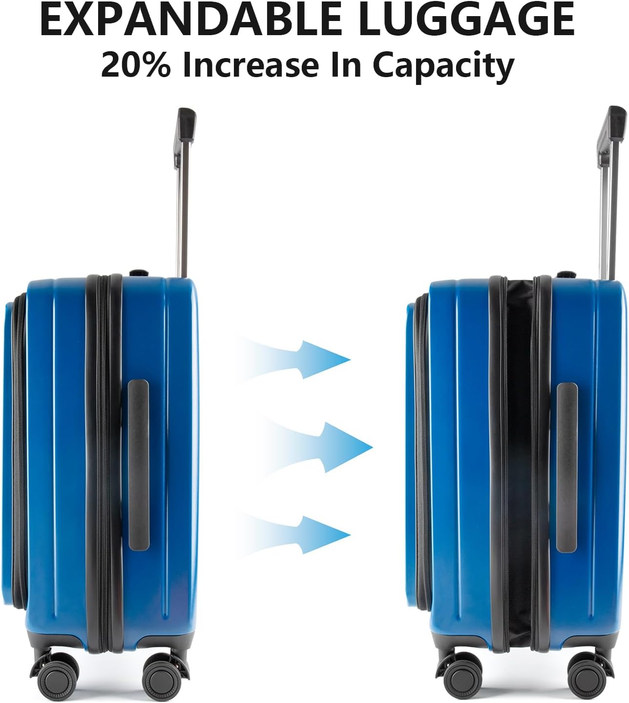 19-Inch Hardshell Carry-On Luggage with Front Compartment, 360° Spinner Wheels, TSA Lock, Cup Holder & Bag Hook - Airline Approved Business Travel Suitcase (Blue)