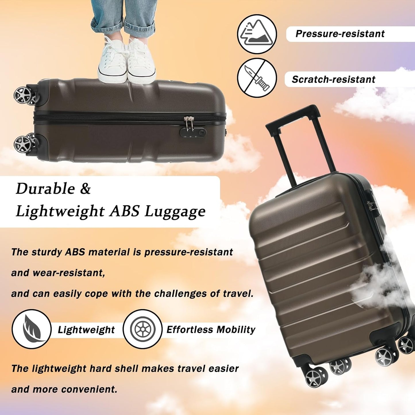 Merax Carry On Luggage Set 20 Inch Hardshell ABS Suitcase with 8 Silent Wheels Foldable Duffel Bag Durable Travel Luggage for Daily Use Business Brown