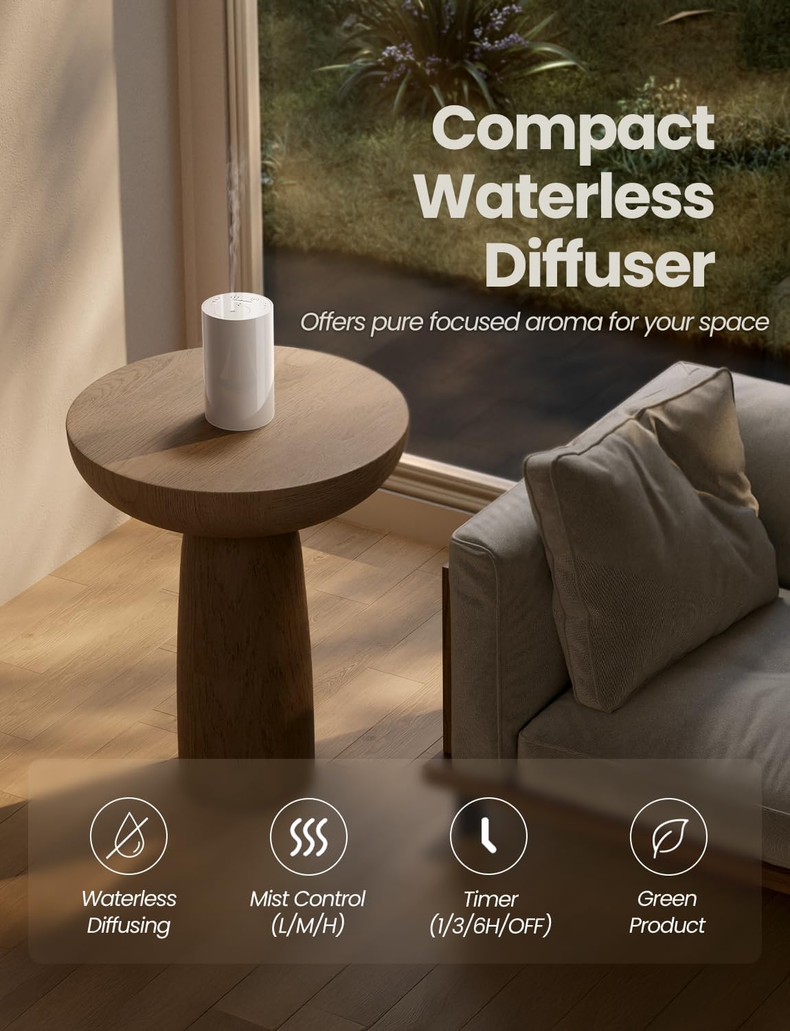 Waterless Essential Oil Diffuser, Portable Aromatherapy Diffuser with 20mL Capacity, Battery Operated Mini Scent Diffuser,3 Mist Levels & Timers, Leak-Free, for Home, Car, Office (White)