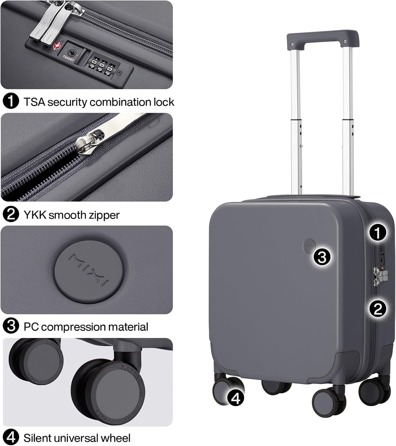 mixi 14 Inch Underseat Luggage Carry on Suitcase Free Boarding Personal Item Suitcases with Spinner Wheels Hardshell Lightweight PC for Short Travel, Rock Gray