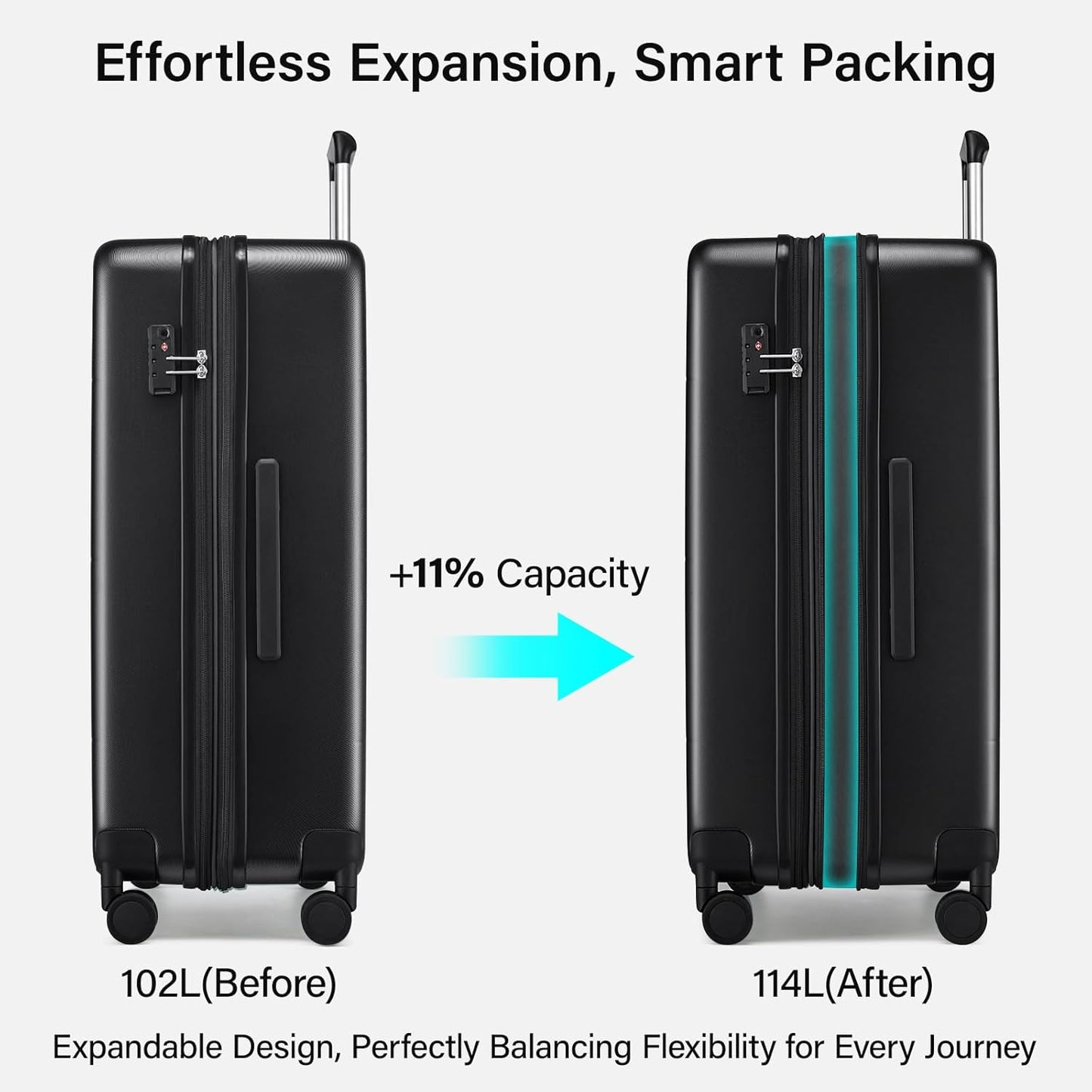 Hanke Expandable 28 Inch Luggage with Spinner Wheels, Hardside Large Suitcase, All-PC Hard Shell Checked Luggage, TSA Lock, Durable Checked-Large (Jet Black, 114L)