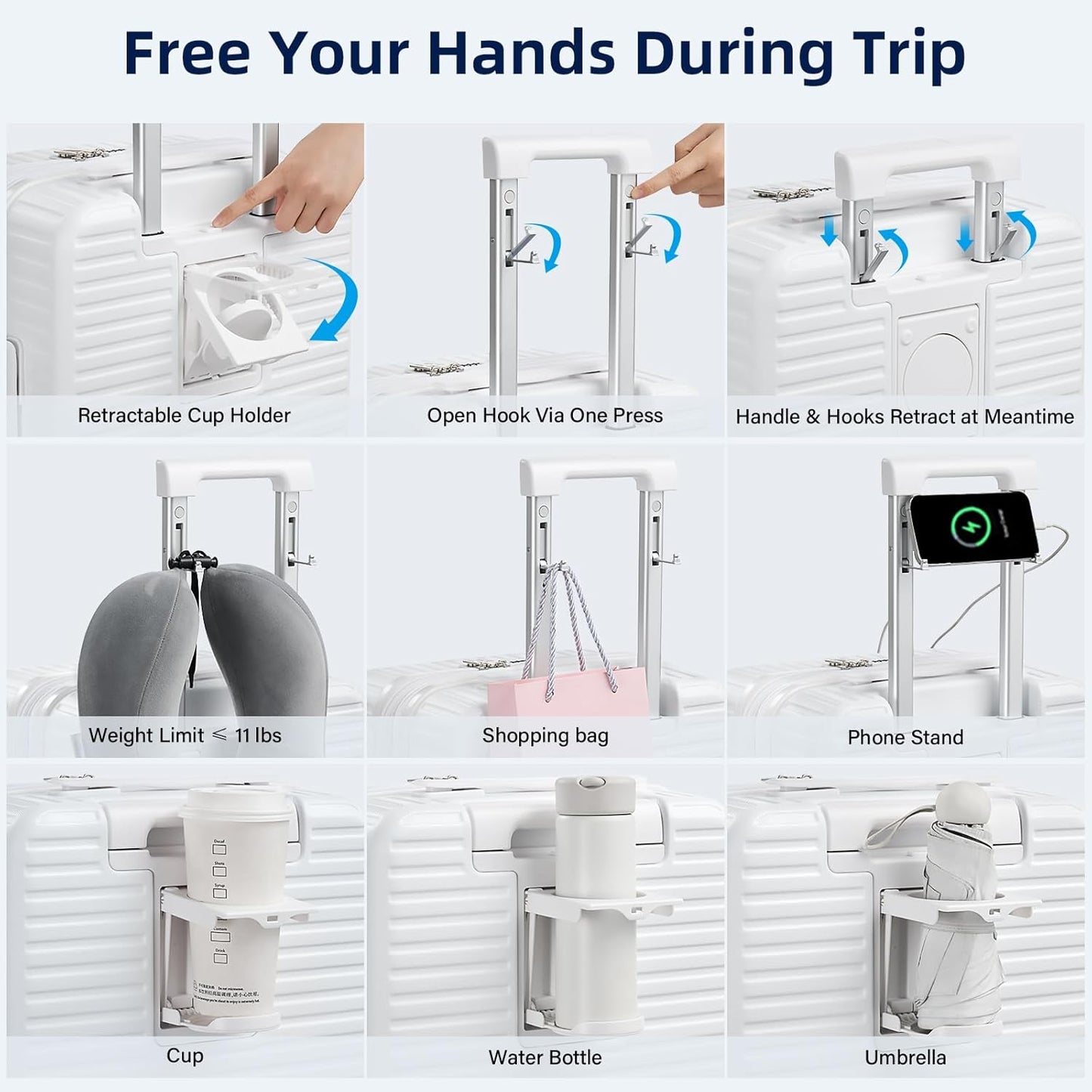 Hard Shell Suitcases Airline Approved 20 Inch Carry on Luggage, Expandable Travel Luggage Carry on Luggage with Cup Holder Charger Built in, Lightweight Small Suitcases with Wheels, White