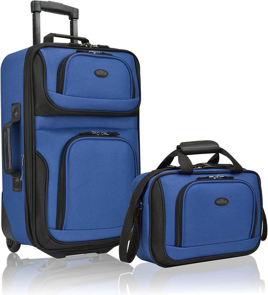 U.S. Traveler, Rio Rugged Fabric Expandable Upright Rolling Carry-on Luggage Set w/ Tote Bag, Blue, 2-Piece (21/14)