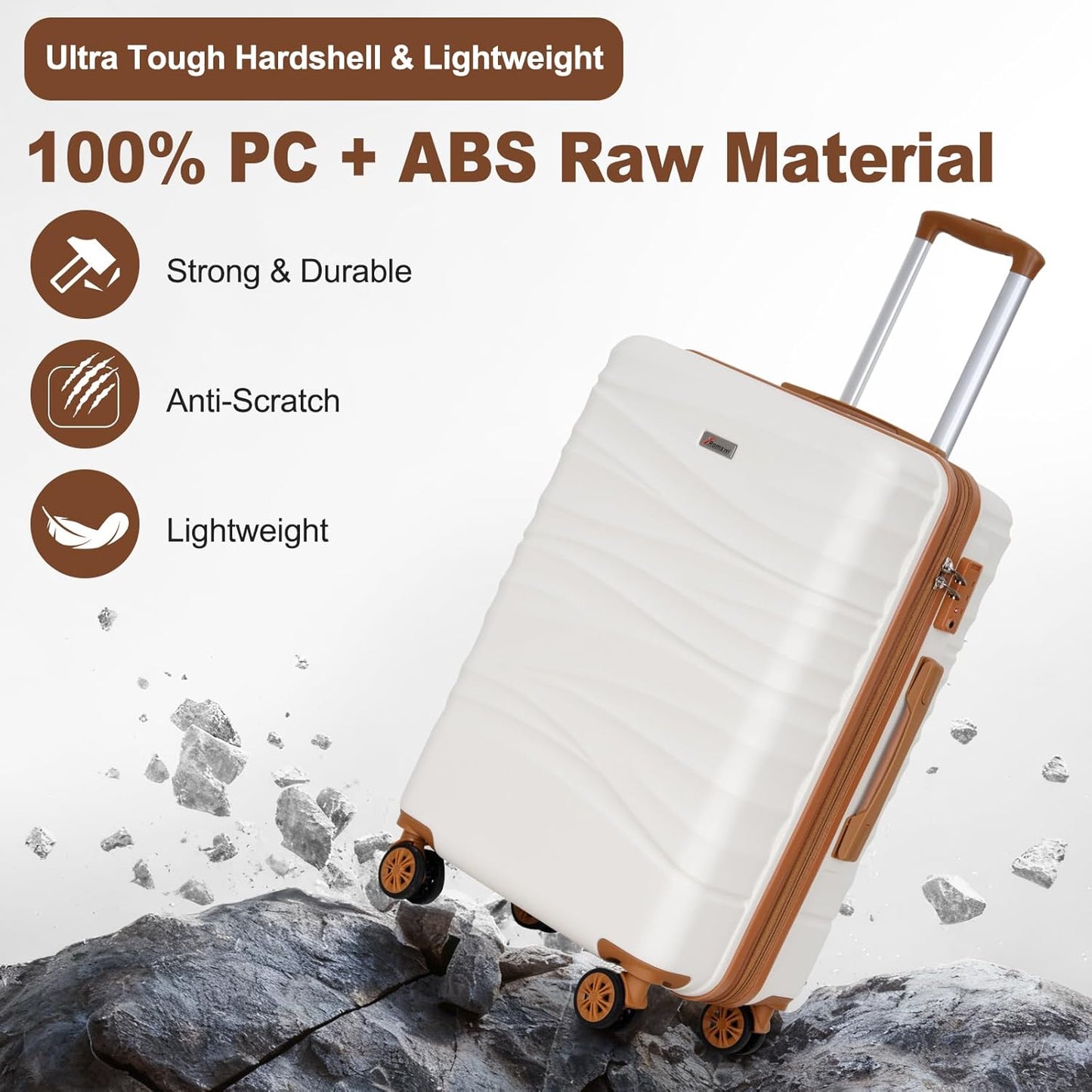 Romswi Expandable 24" Checked Luggage,Medium Hardshell Suitcase with Double Spinner Wheels for 20% More Space, Airline Approved Lightweight Hardside Luggage, Scratch-Resistant & YKK Zipper,White