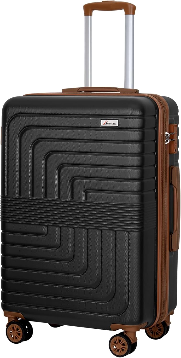 Romswi Expandable 24" Checked Luggage,Medium Hardshell Suitcase with Double Spinner Wheels for 20% More Space, Airline Approved Lightweight Hardside Luggage, Scratch-Resistant & YKK Zipper,Black