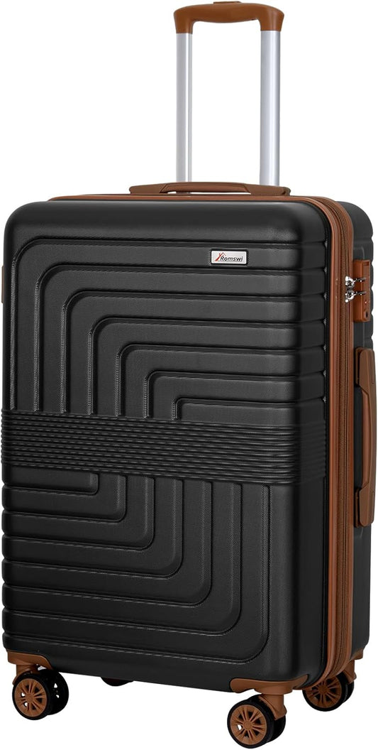 Romswi Expandable 24" Checked Luggage,Medium Hardshell Suitcase with Double Spinner Wheels for 20% More Space, Airline Approved Lightweight Hardside Luggage, Scratch-Resistant & YKK Zipper,Black