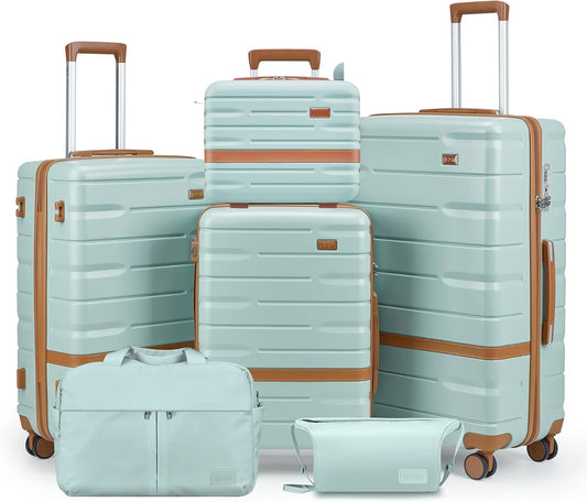 Luggage Sets, Suitcase with Spinner Wheels, PC+ABS Hardshell Travel Luggage Set with TSA Locks,Lightweight Rolling Luggage，Carry on suitcase with YKK Zippers (Green, 6 piece set(14/20/24/28/DB/TB))