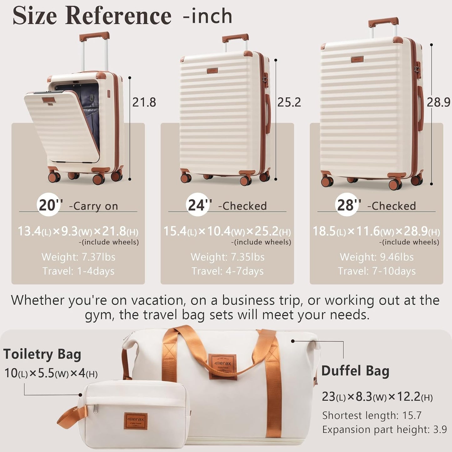 Merax Luggage Sets 3 Piece Front Opening, Hardside Lightweight Carry on Suitcase with Cup Holder USB Port,Durable Expandable Luggage with Bags Spinner Wheels and TSA Lock,White and Brown