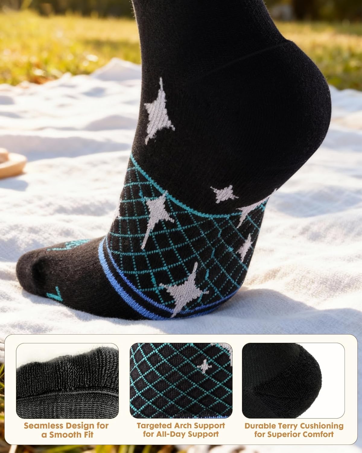 Cotton Compression Socks for Women Men - 2 Pairs 20-30mmHg Circulation Grid Arch Support Socks, Breathable