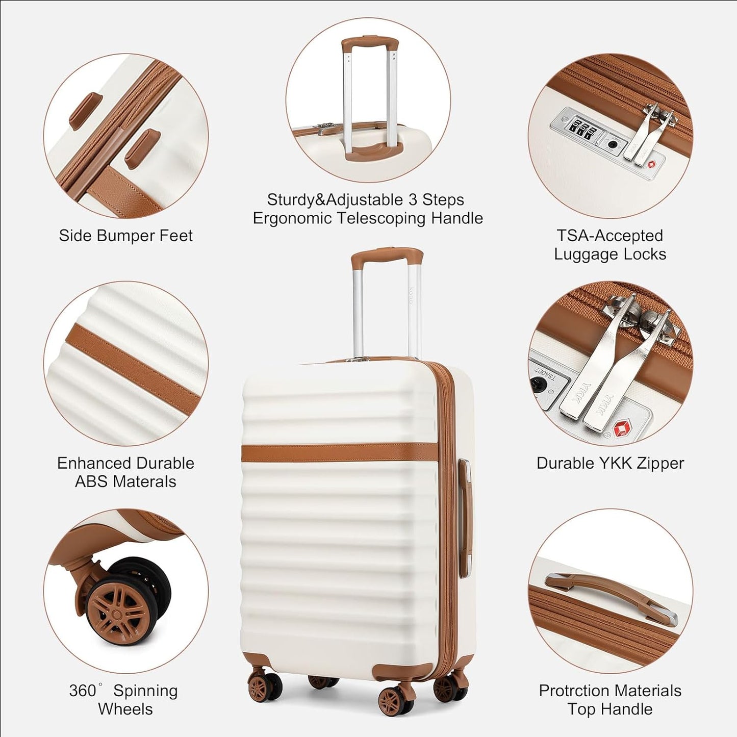 Kono Expandable 28 Inch Large Checked Luggage: ABS+PC Hardside Trolley Travel Case - Hard Shell Suitcase with TSA Lock, Cream - Brown