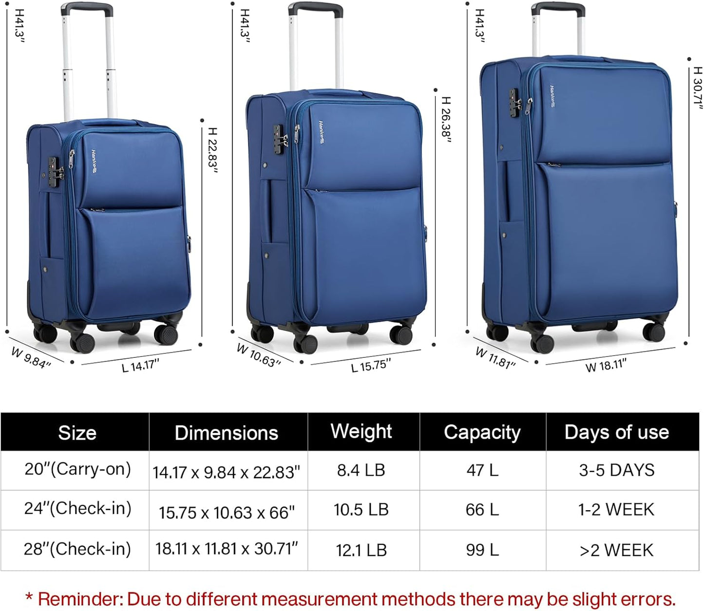 Hanke 24 Inch Luggage Expandable Softside Checked Suitcases with Spinner Wheels, Upright Rolling Luggage Suitcases Travel TSA Luggage Bag for Women Men(Blue)
