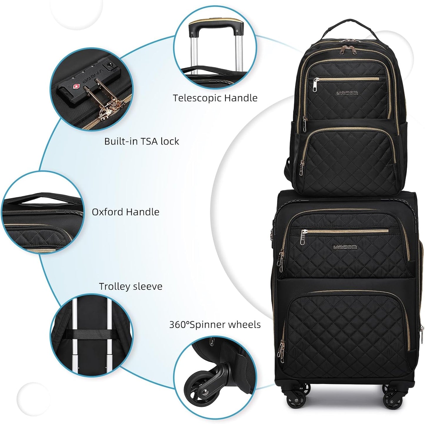 LARVENDER Softside Carry On Luggage 3 Piece, Expandable Carry On Luggage 22x14x9 Airline Approved 20-inch Carry on Suitcase with Spinner Wheels for Men Women, TSA Lock, Black (20/BP/TB)