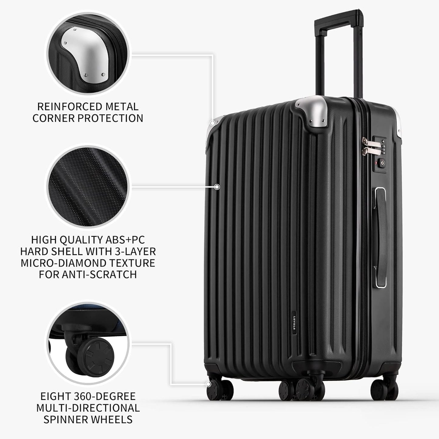 LEVEL8 Grace Luggage Sets Hardshell Suitcase with Wheels, Sturdy Large Suitcase Tsa Lock 20 Inch Expandable Carry on 24 Inch 28 Inch Checked Luggage, 3-Piece Set (20/24/28), Black