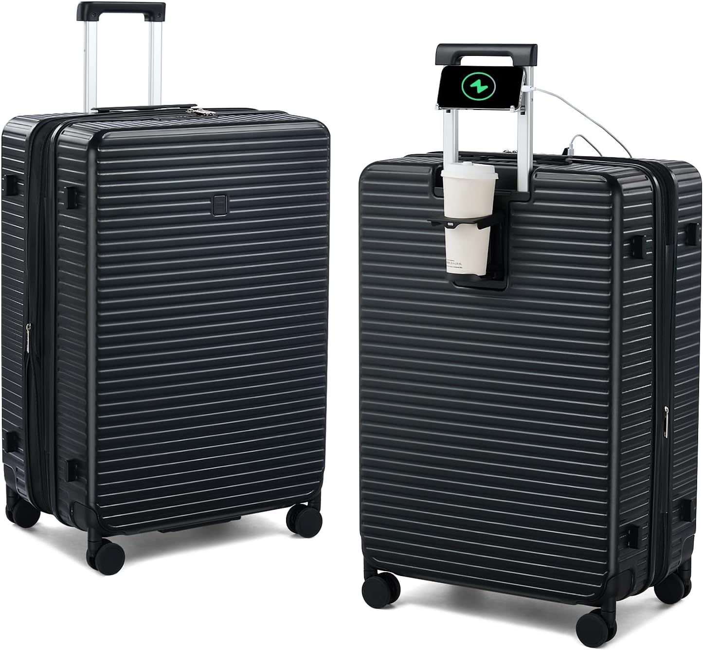 28 Inch Luggage Hard Shell Suitcases, Expandable Travel Checked Luggage 28 Inch, Large Check In Luggage with Spinner Wheels Cup Holder Charger Built in Lightweight Suitcase, Black