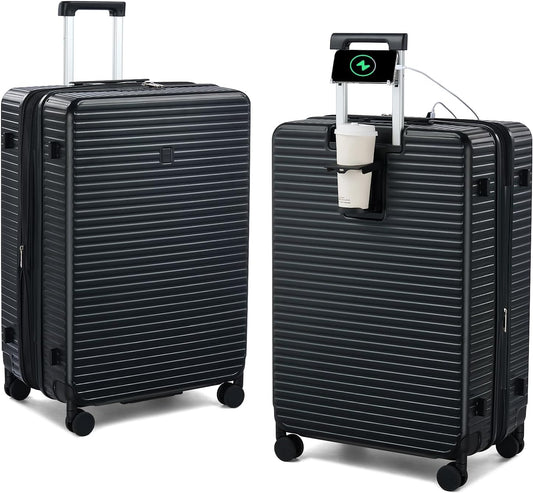28 Inch Luggage Hard Shell Suitcases, Expandable Travel Checked Luggage 28 Inch, Large Check In Luggage with Spinner Wheels Cup Holder Charger Built in Lightweight Suitcase, Black