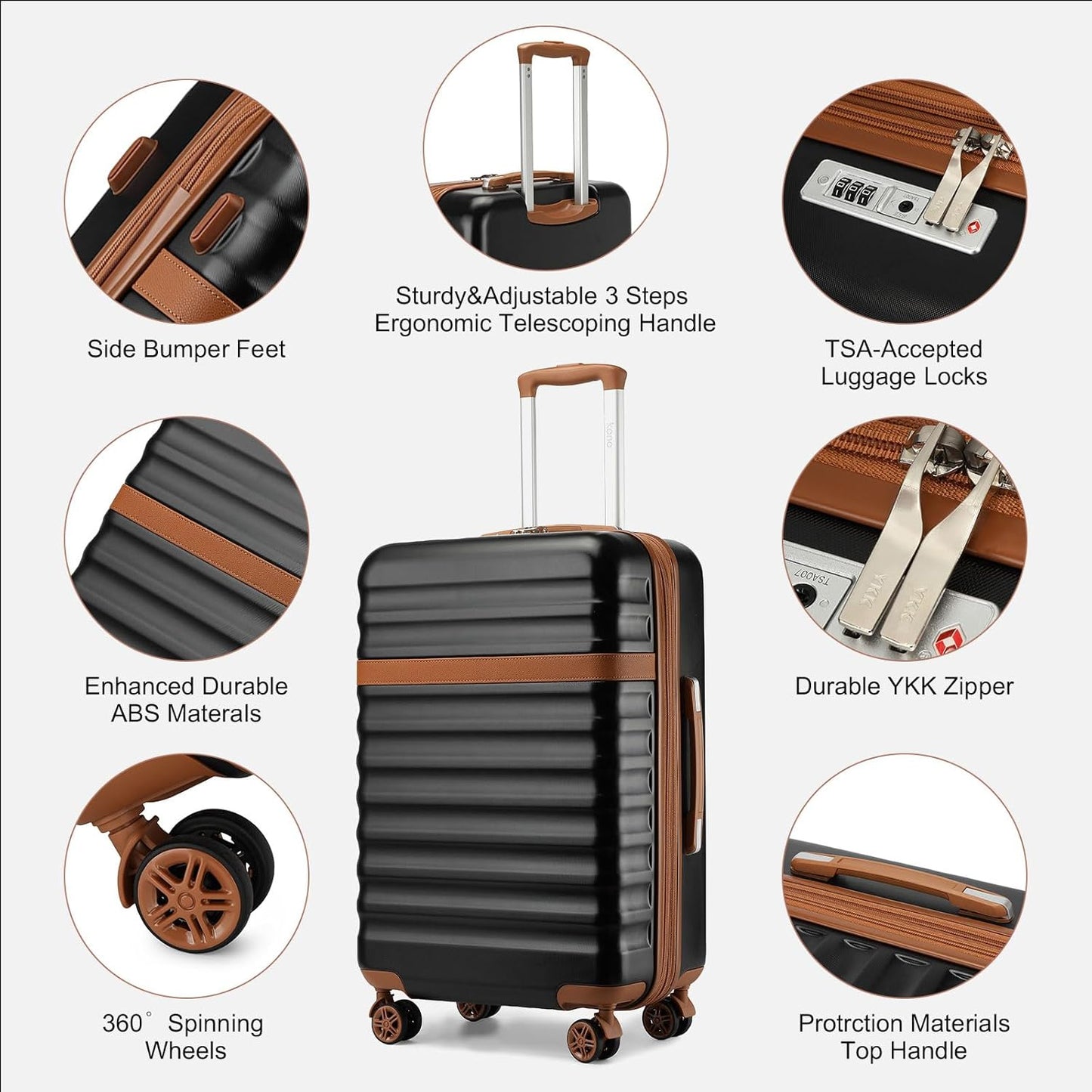 Kono Expandable 28 Inch Large Checked Luggage: ABS+PC Hardside Trolley Travel Case - Hard Shell Suitcase with TSA Lock, Black Brown