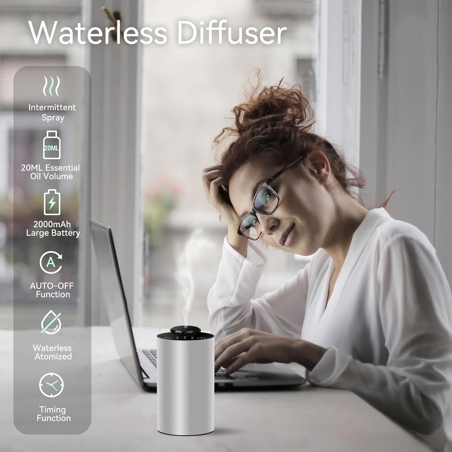 Waterless Essential Oil Diffuser Battery Operated Cordless Aromatherapy Diffuser with Timing & 3 Mist Levels car Diffuser，Black Aluminum Alloy (Silver)