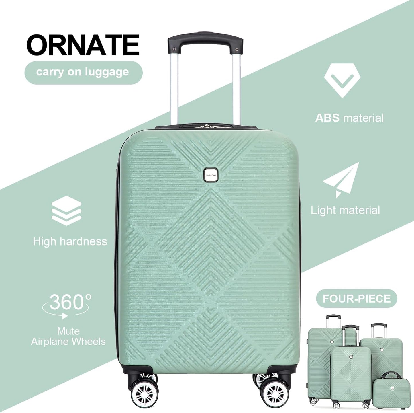 Luggage 4 Piece Set, Hardshell ABS Suitcase Set with Double Spinner Wheels, Lightweight Suitcase, Carry On and Checked Travel Luggage, Olive Green