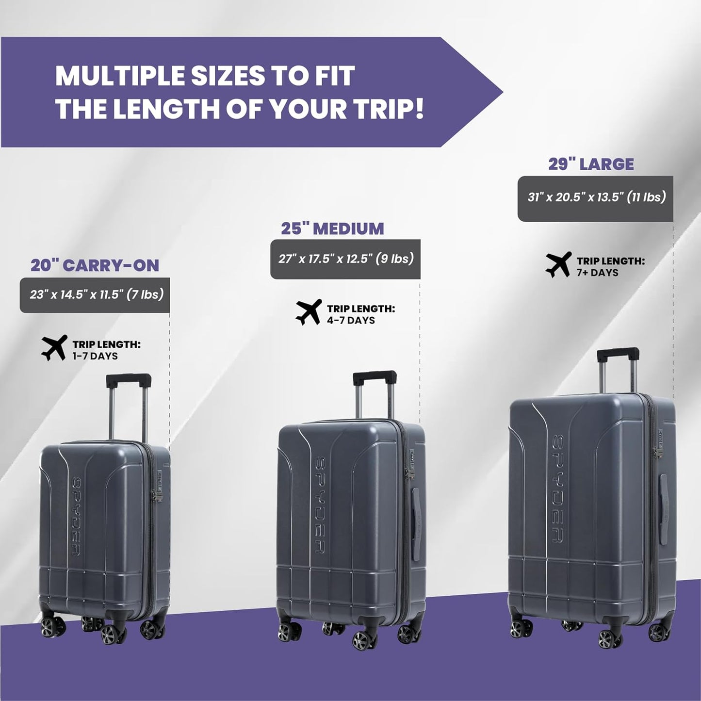 Spyder Carve 3 Piece Set with 360° Spinner Wheels, TSA Approved Lock, (20 Inch Carry On, 25 Inch Medium, 29 Inch Large) Gray