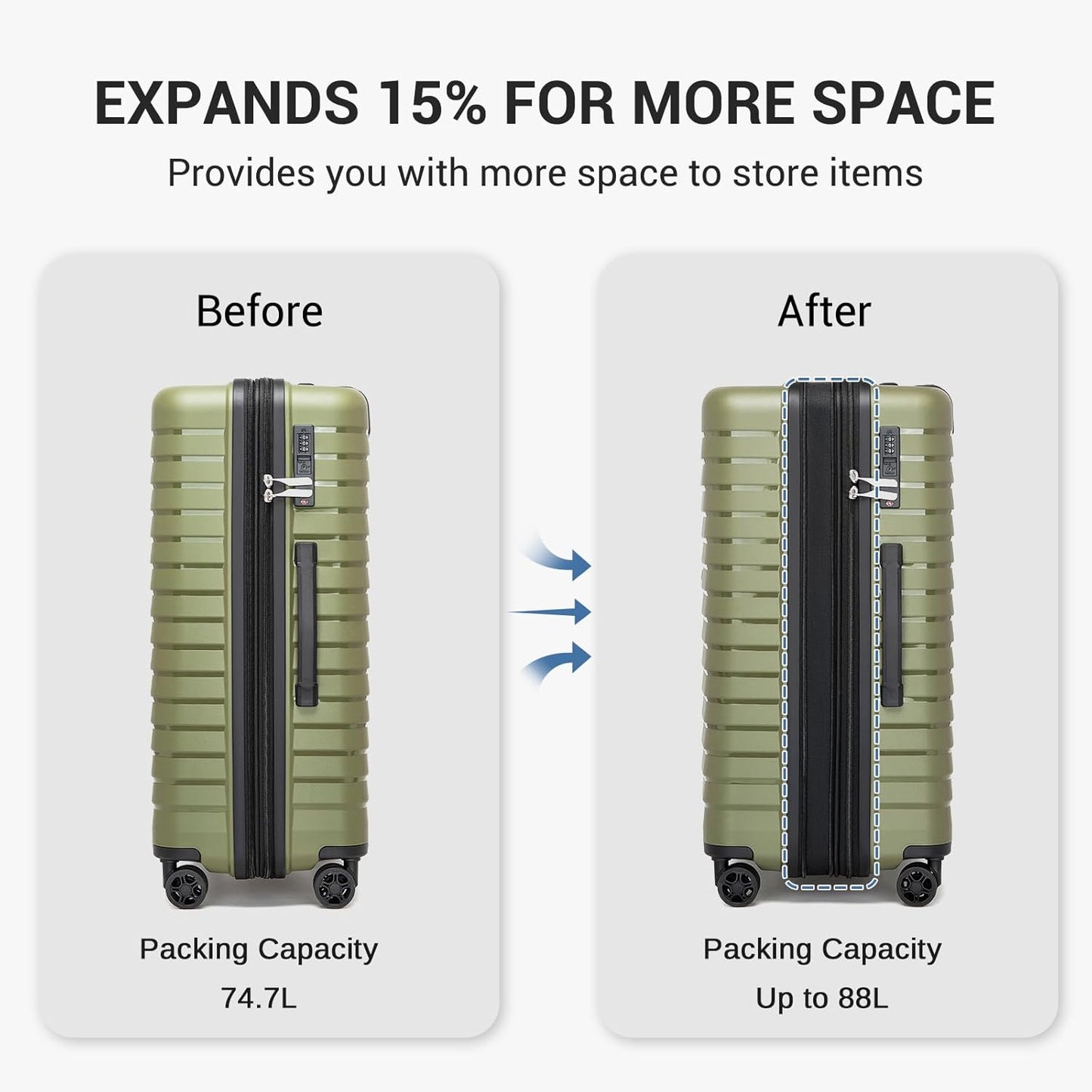 Kono 24 Inch Expandable Luggage Suitcase with Spinner Wheels, Durable Hardside Checked Luggage with Hidden Cup Holder, Lightweight Hard Shell Medium Suitcase with TSA Lock(Green)