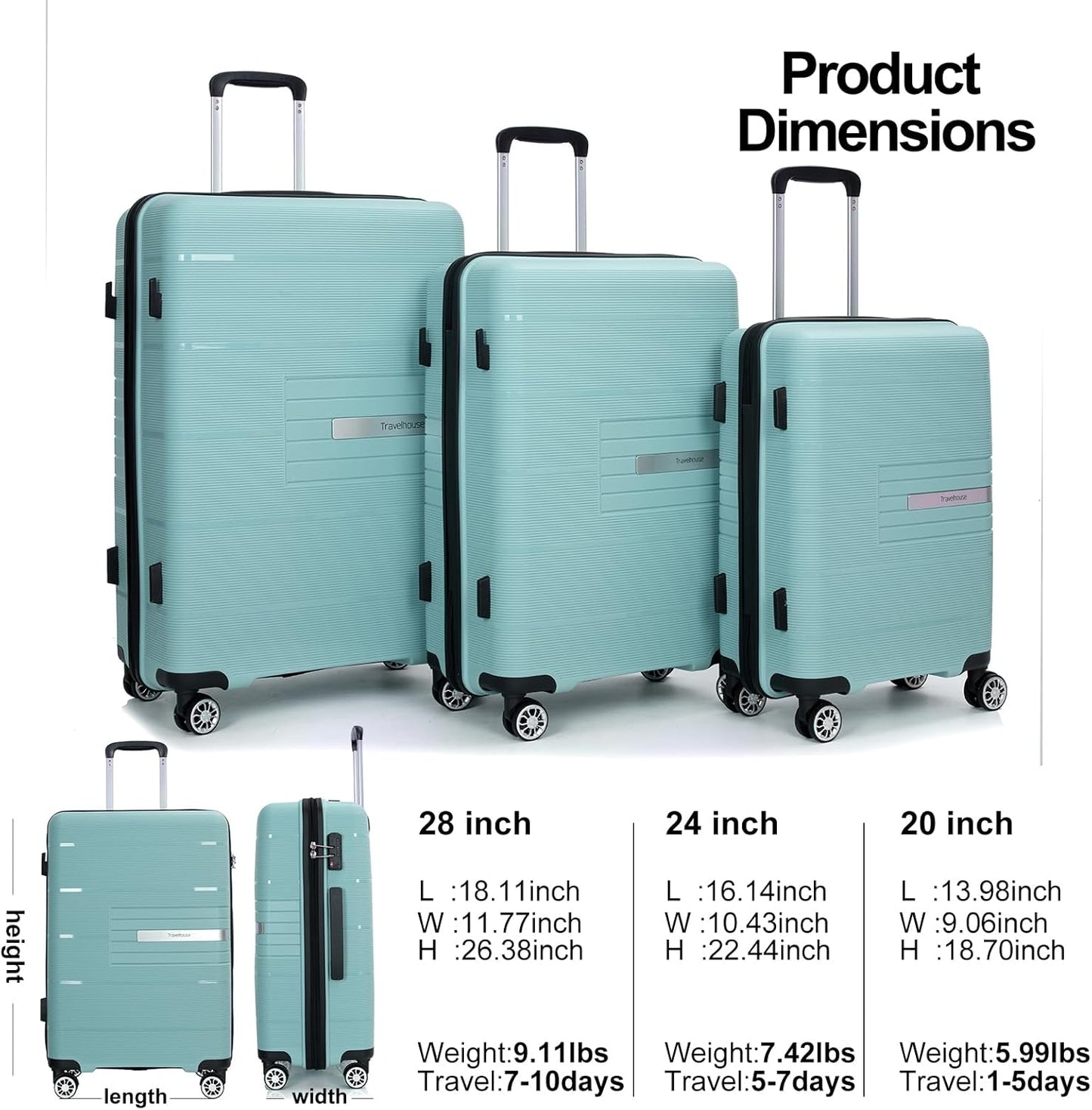 Luggage 3 Piece Sets Suitcase Set with Double Spinner Wheels, Lightweight Carry On Hardside Travel Luggage with TSA Lock, (20/24/28) (Light Green)