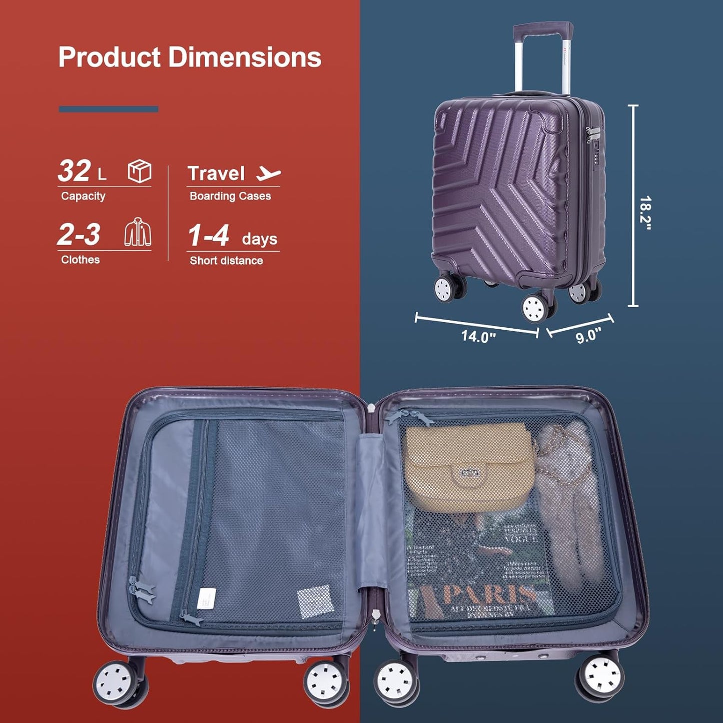 Travelhouse 16 Inch Carry On Luggage Airline Approved,Hardshell Small Carry Suitcases with 360° Spinner Wheels, Rolling Suitcase with TSA Approved