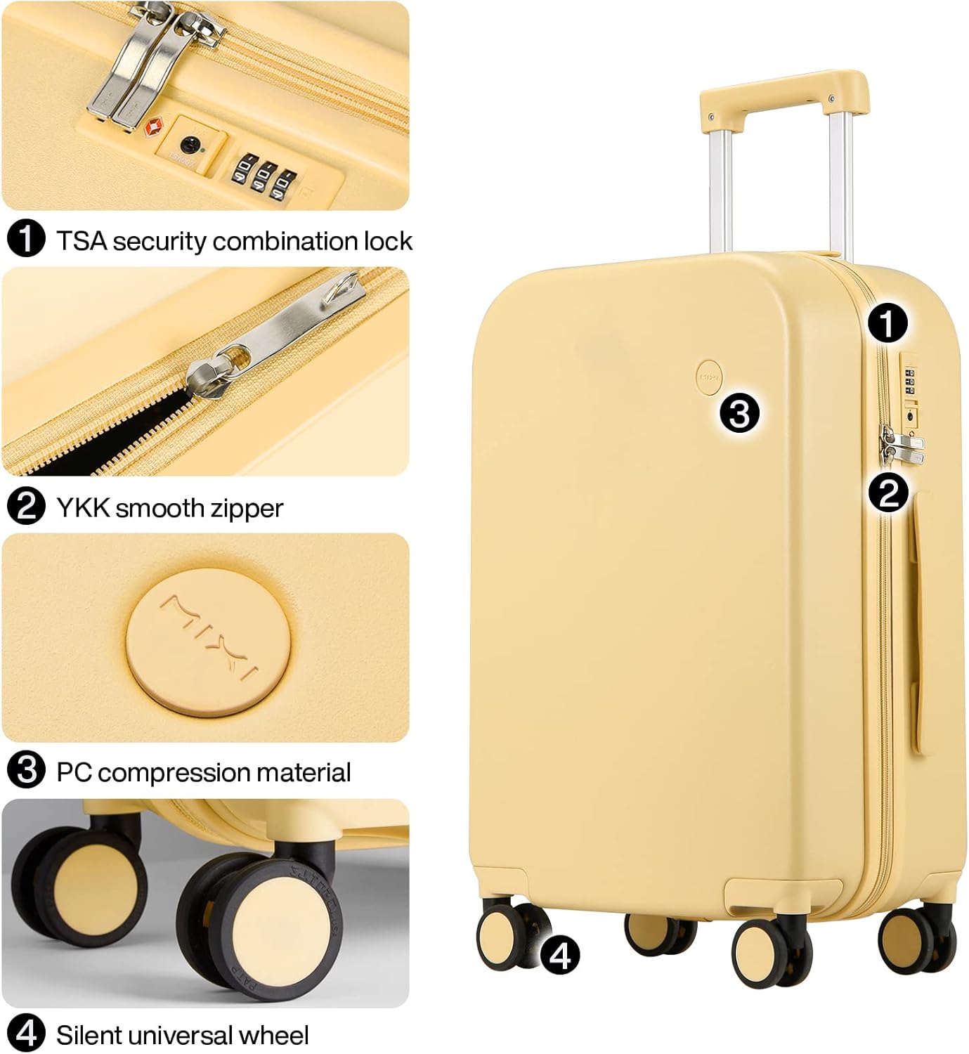 mixi Luggage Suitcase with Spinner Wheels, Hardside Rolling Suitcase PC with Cover & TSA Lock Lightweight Travel Case 24in Checked in, Lark Yellow