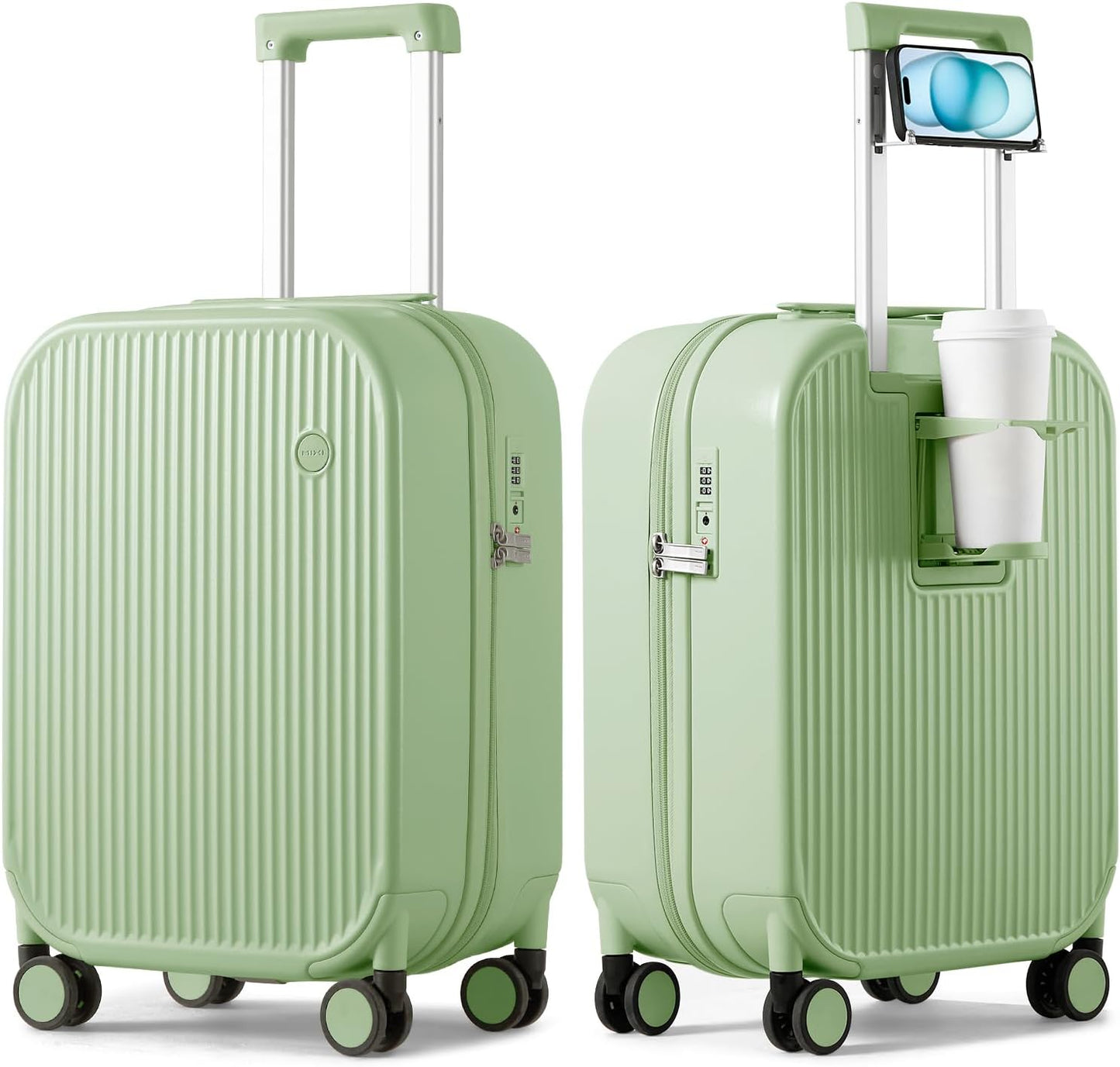 mixi Carry On Luggage with Cup Phone Holder Hard Shell Rolling Travel Suitcase with Spinner Wheels,20 Inch Avocado Green