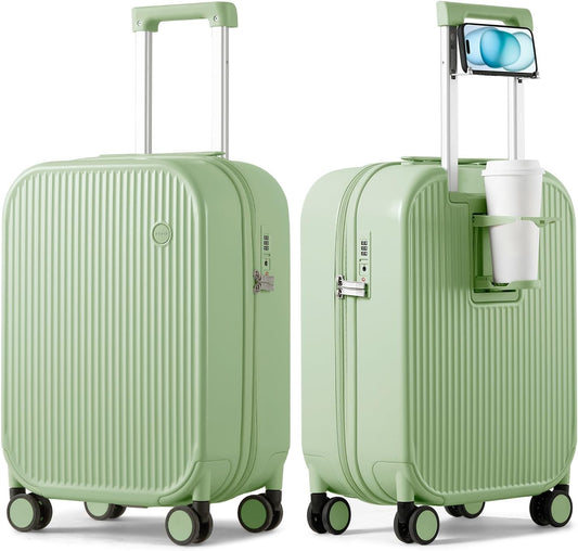 mixi Carry On Luggage with Cup Phone Holder Hard Shell Rolling Travel Suitcase with Spinner Wheels,20 Inch Avocado Green