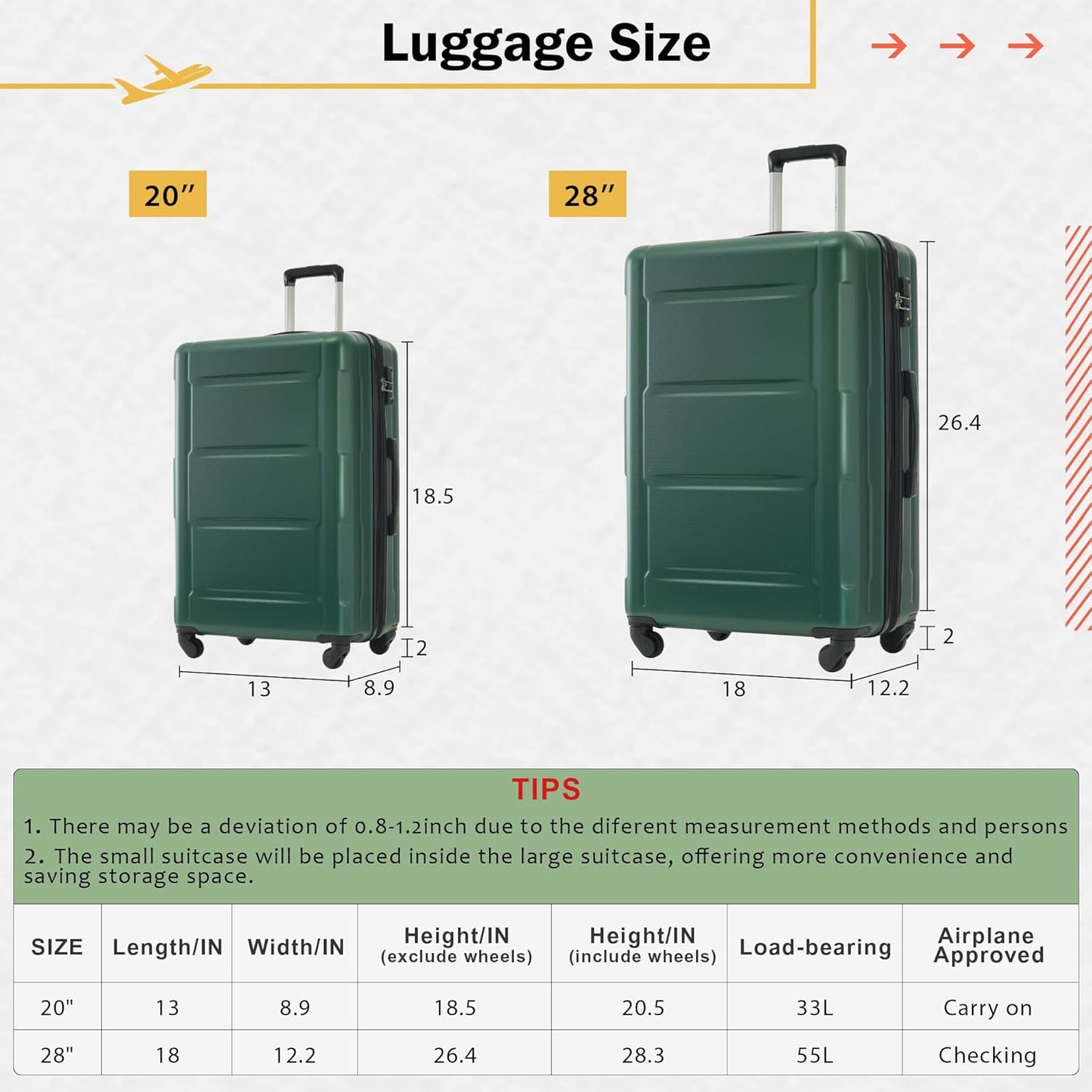 Merax Luggage Set 2 Piece Suitcase Sets with Spinner Wheel,Lightweight Hardside Expandable Travel Laggage with TSA Lock,Suitcase with Travel Bag(20"/28",Green)