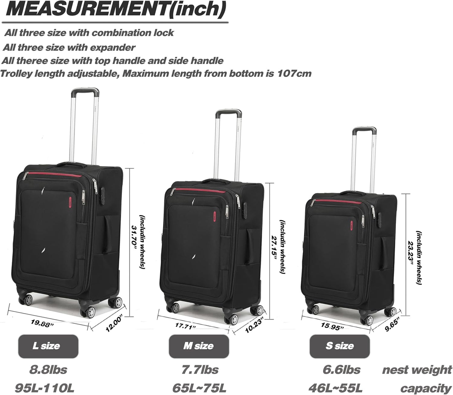 Softside Luggage Sets, Extra Large Expandable Suitcase Sets With Spinner Wheels and Combination Lock Red Luggage For Long Time Overseas Journey(Black) 22inch, 26inch, 30inch