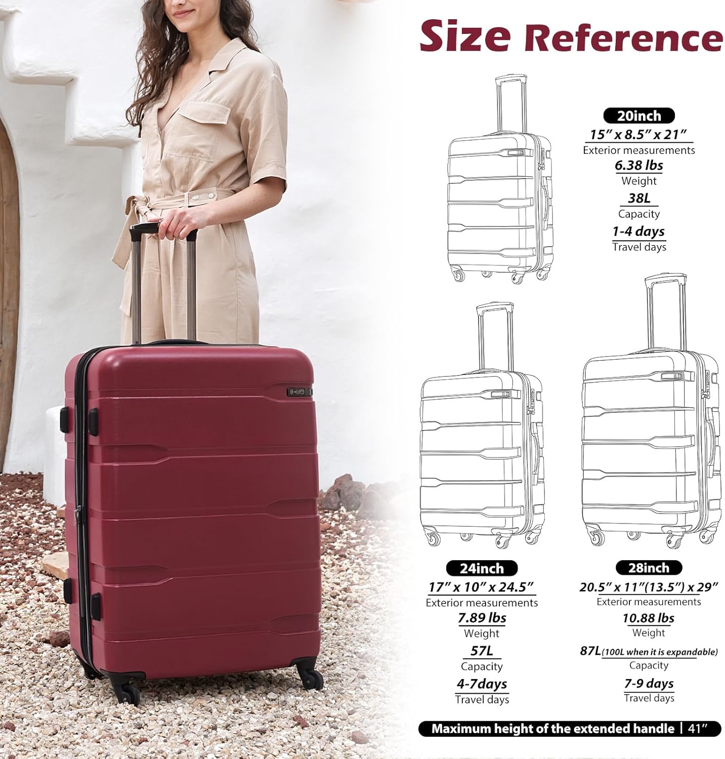 Coolife Luggage PC+ABS Expandable Hardshell Suitcase with TSA Lock, Spinner Checked Lightweight (Radiant Pink, 28in)