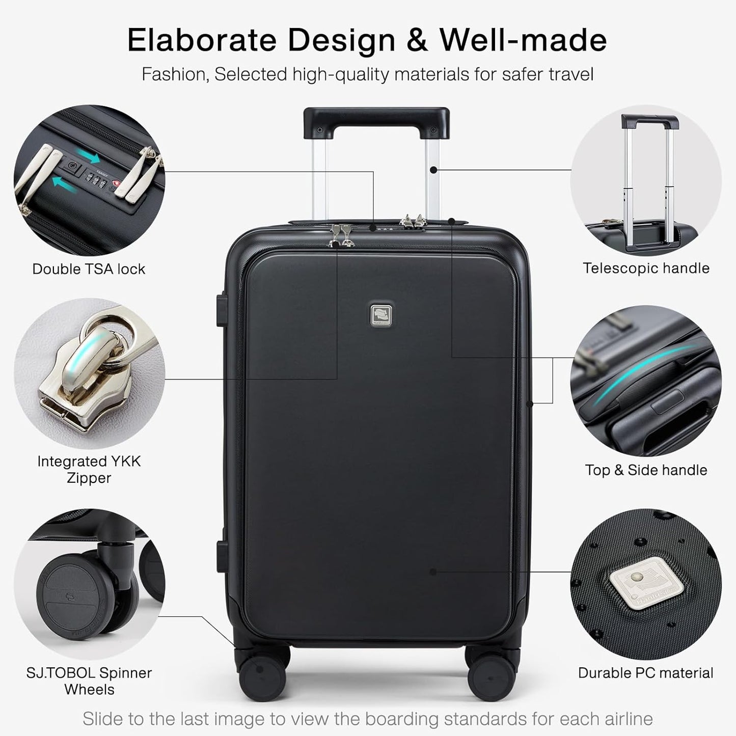 Hanke Grace Carry On Luggage with Wheels Airline Approved Hard Shell Suitcases with Front Pocket，Top Opening Luggage with TSA Lock for Short Business Travel， Jet Black.
