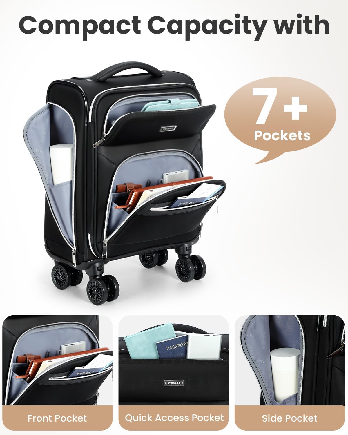 Underseat Carry On luggage Airline approved, 16-inch Softside Underseater Travel Suitcases with Wheels Lightweight Overnight Bag Small Rolling Carry-on for Women,Black