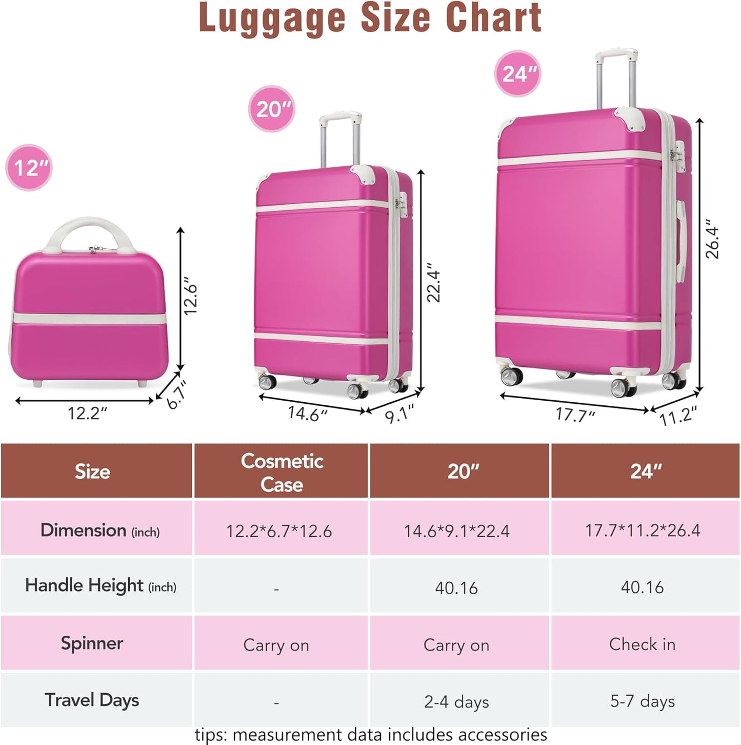 Merax Luggage Set 2 Piece Suitcase Set with Cosmetic Case Expandable Spinner Wheels Vintage Luggage Sets(Pink, 20"+24")
