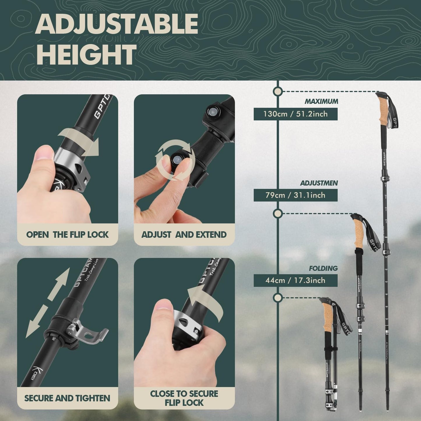 GPTCAMP Walking Sticks,Trekking Poles Collapsible Hiking Poles,Lightweight Folding Travel Walking Pole for Men Women,2pc Adjustable Hiking Stick with EVA Foam Grips for Backpacking