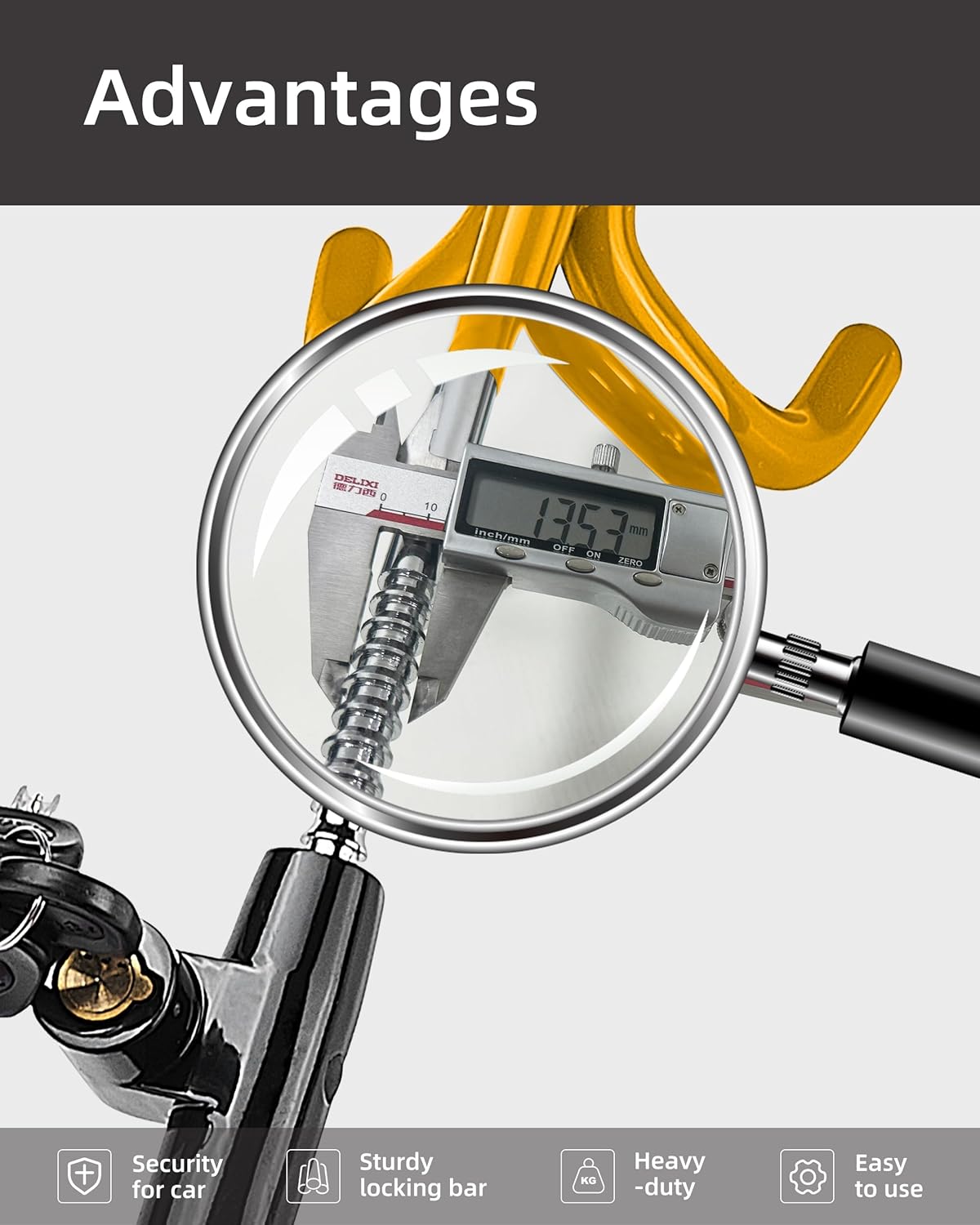 Dodomes Steering Wheel Lock Anti-Theft Heavy Duty Secure Car Device, Adjustable Length Clamp Double Hook Locks Universal Fit Yellow