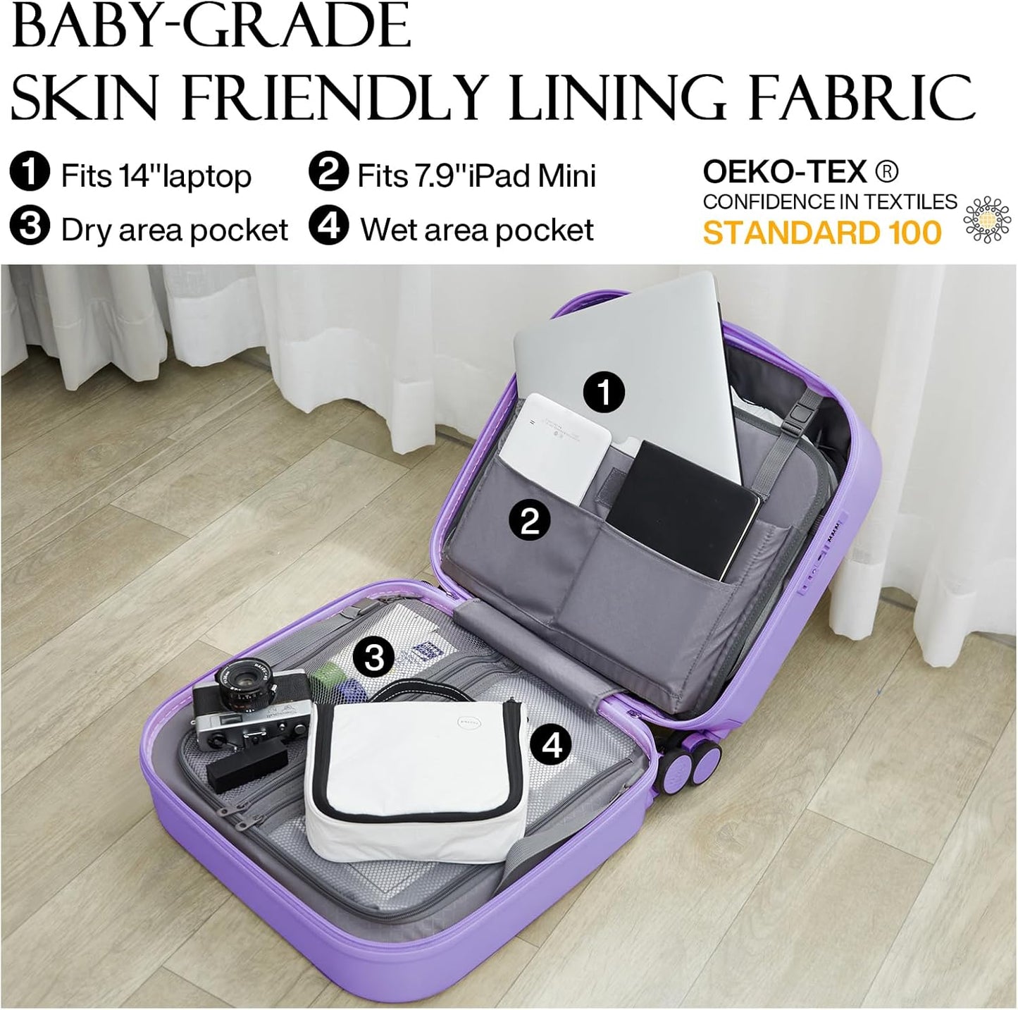 mixi Carry on Luggage, Suitcase with Spinner Wheels 16in Luggage Hardshell Lightweight Rolling Suitcases PC with Cover & TSA Lock, Lilac Purple