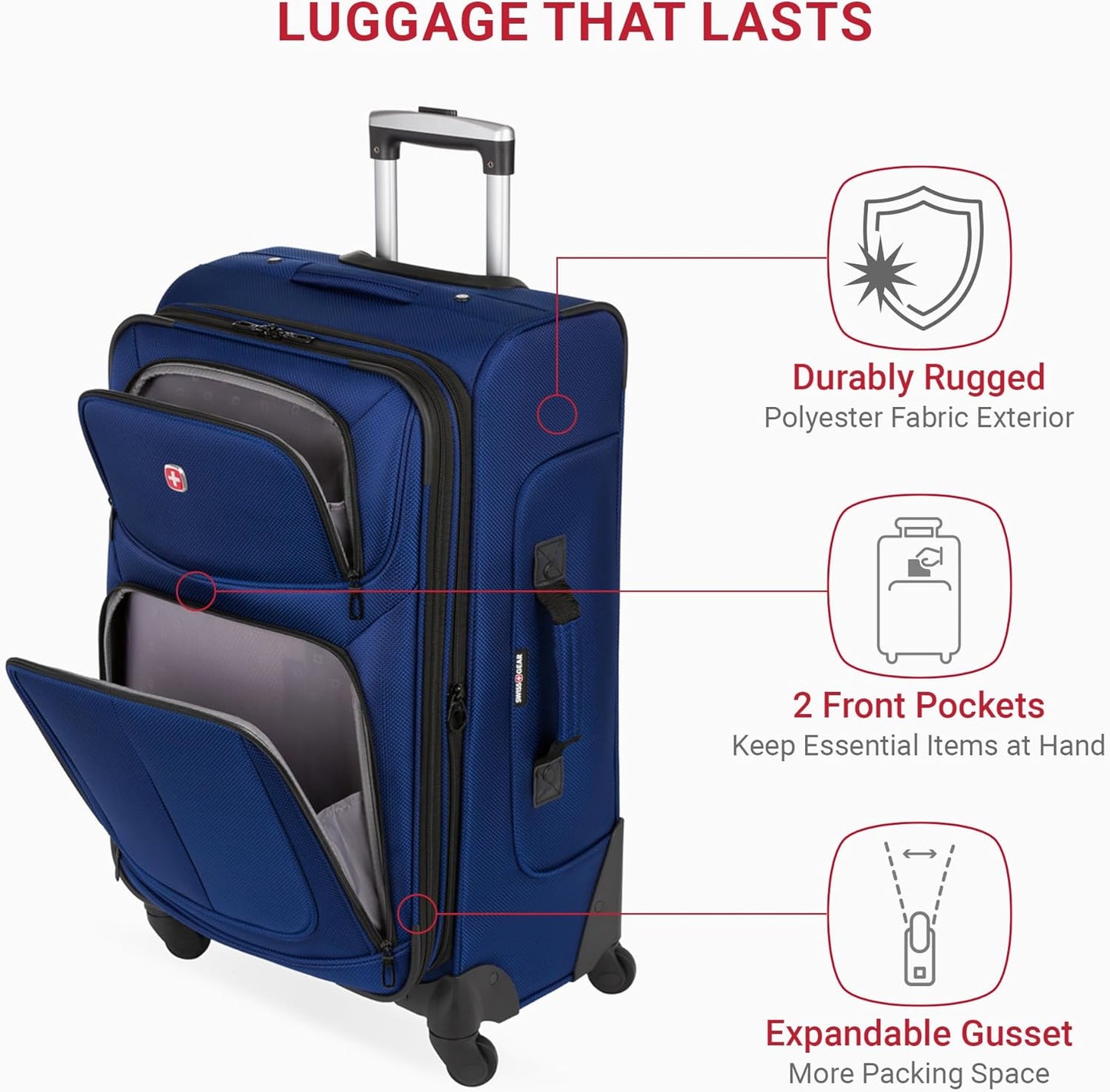 SwissGear Sion Softside Expandable Luggage – Medium Checked Suitcase with 360 Degree Wheels & Retractable Handle – 25 Inch, Perfect for 1-7 Night Trips – Blue