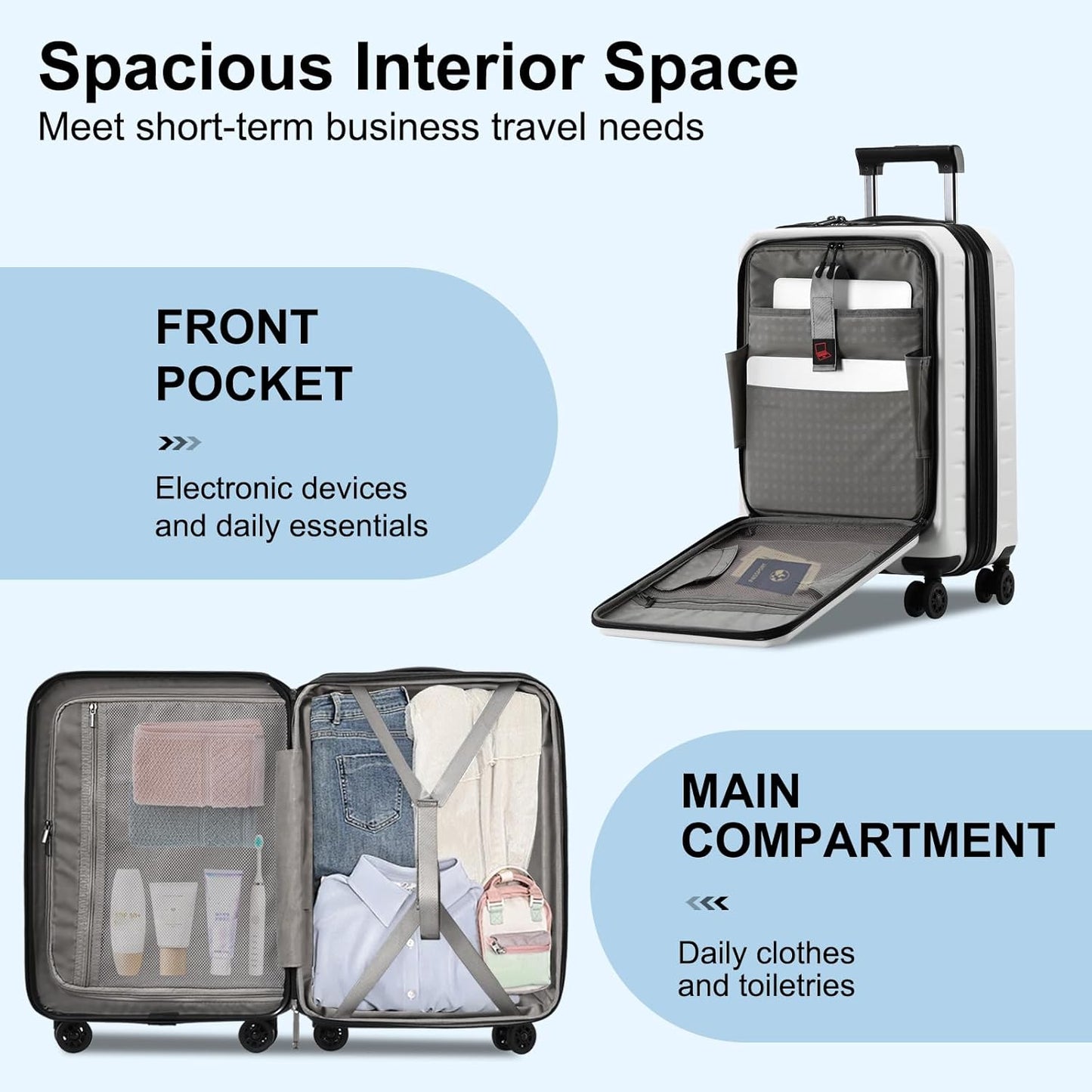 Expandable Carry On Luggage Airline Approved, 20 Inch Lightweight ABS+PC Hard Shell Suitcases with Front Pocket, Spinner Wheels, TSA Lock (White, 1PC)