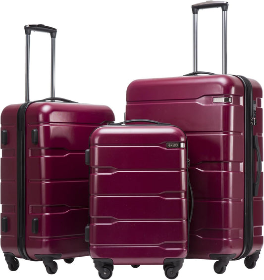 Coolife 3-Piece Luggage Set with Expandable 28-Inch Suitcase, PC+ABS Spinner (20/24/28 Inch, Radiant Pink)