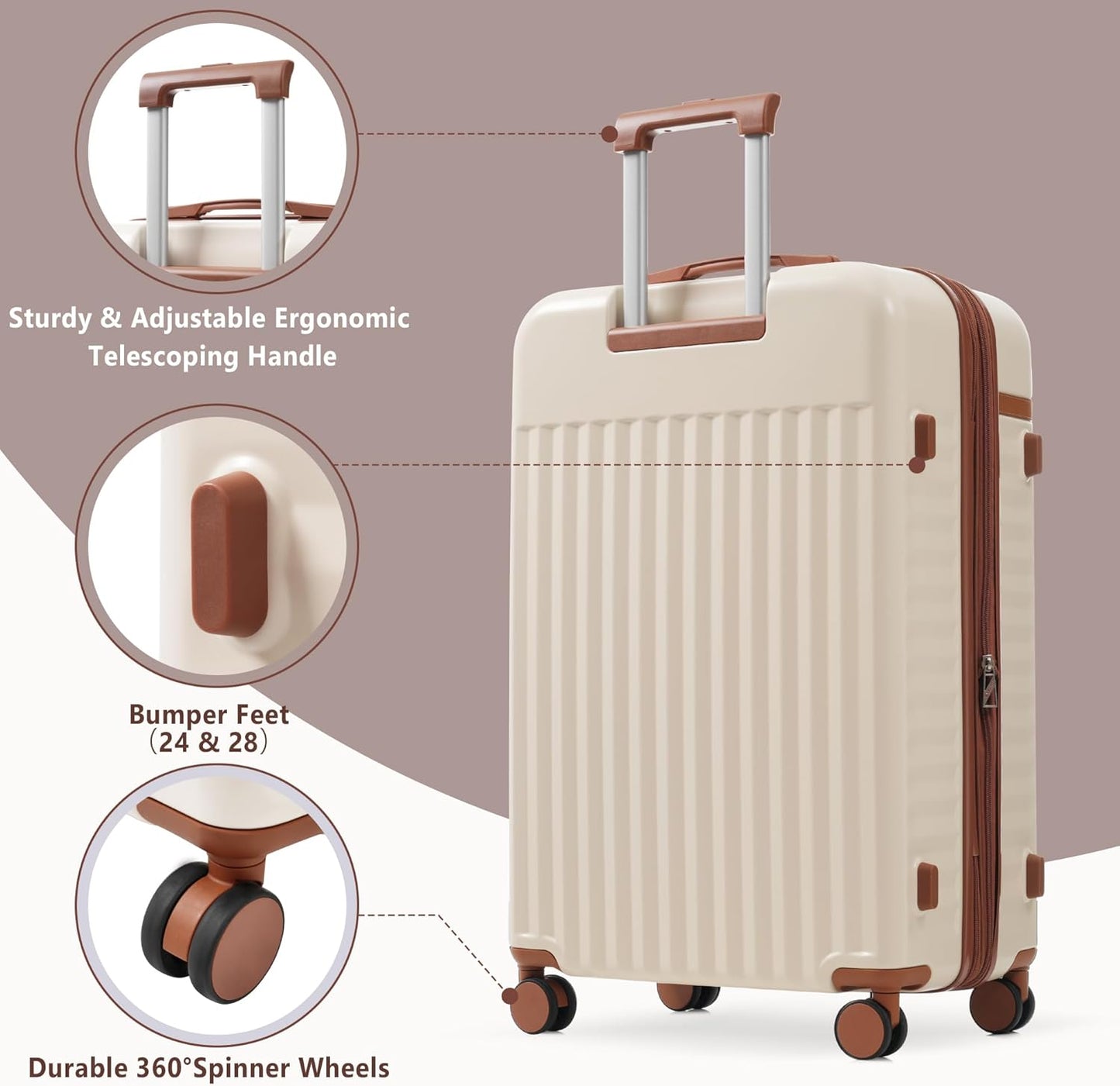 Merax 3 Piece Luggage Sets, Hardside Lightweight Carry on Suitcase,Durable Expandable Luggage with Travel Bags Spinner Wheels and TSA Lock,White and Brown