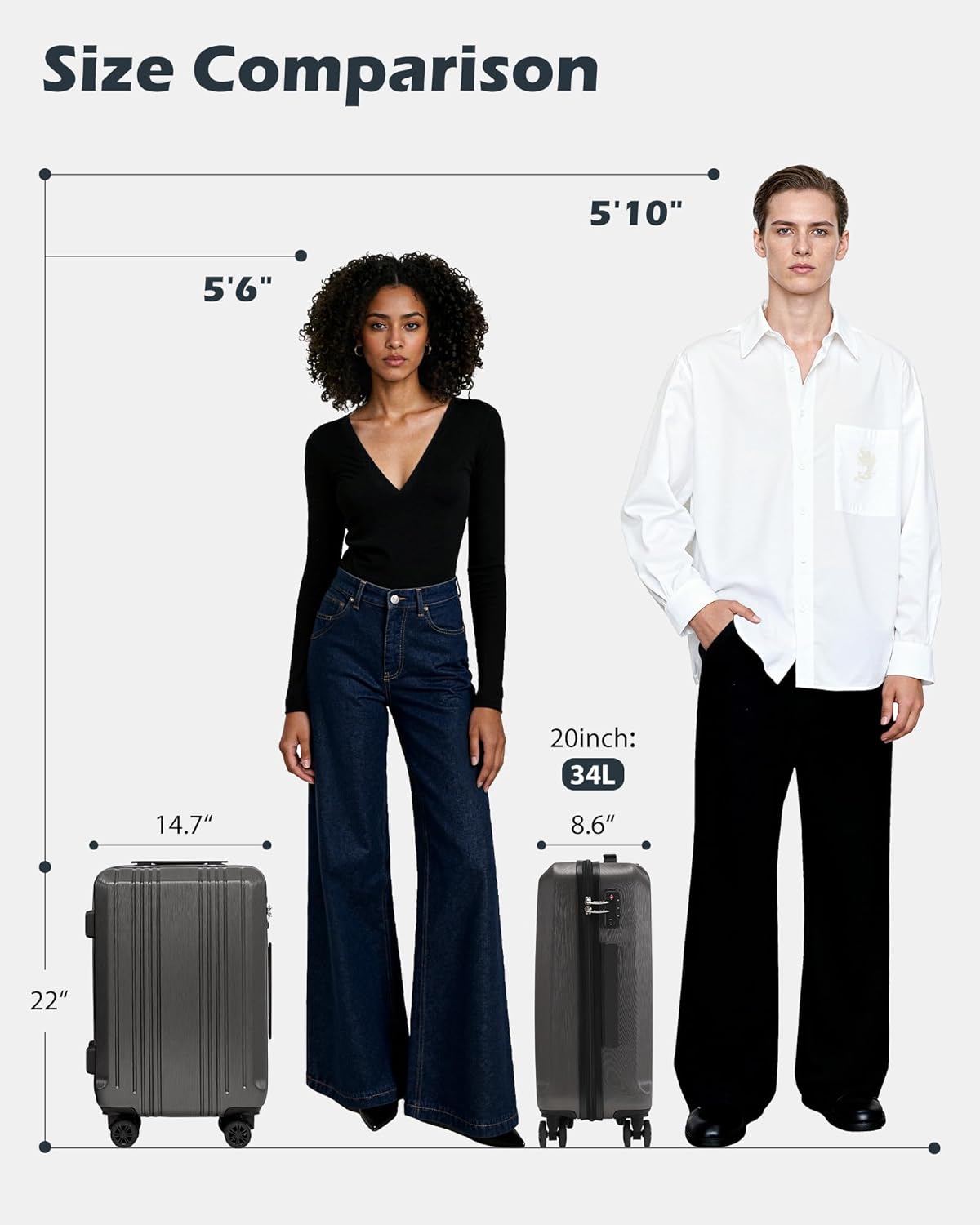 Coolife Luggage PC+ABS Hardshell Suitcase with TSA Lock, Spinner Carry On Lightweight (grey, S(20in_carry on))