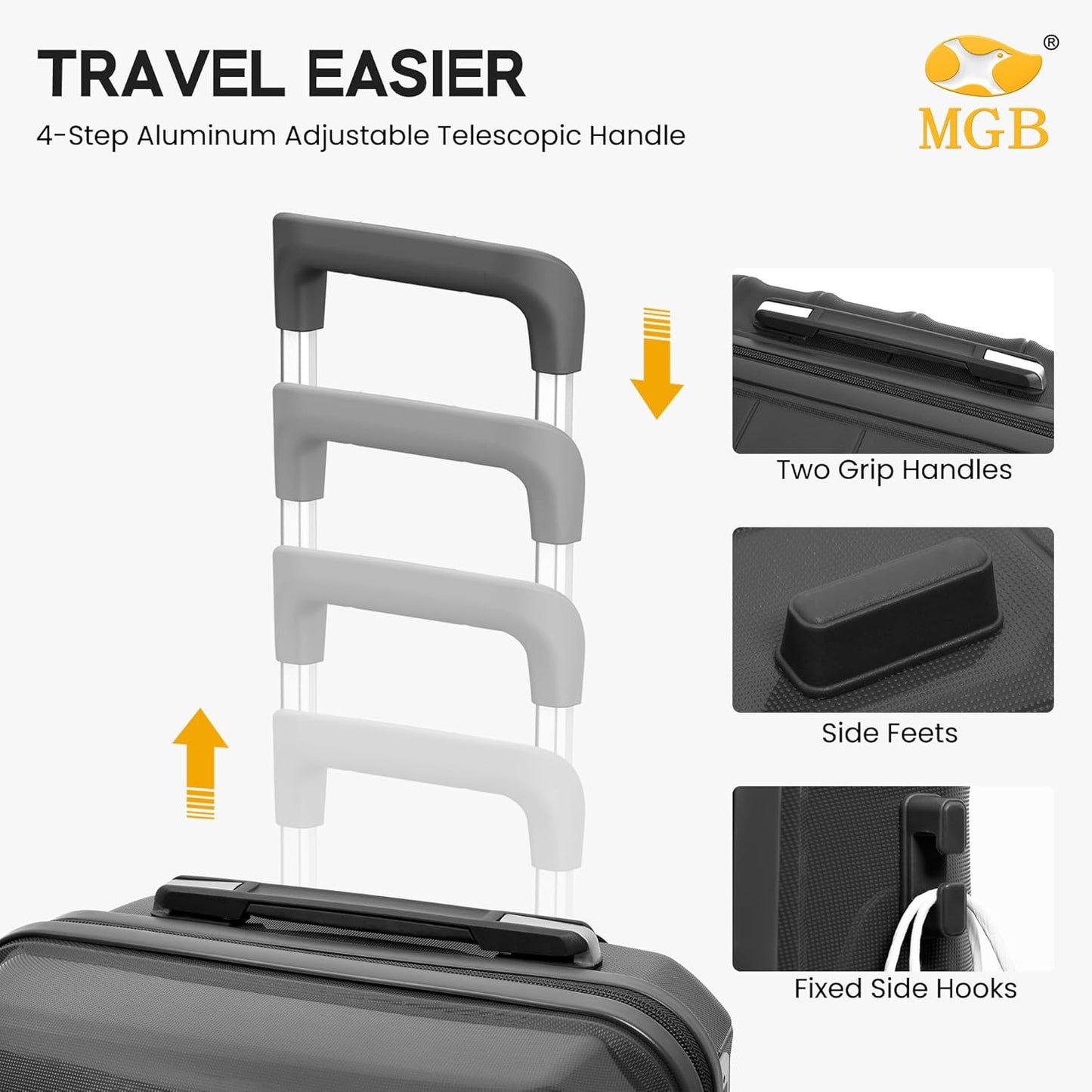 MGB Medium Checked In Luggage, PP Lightweight Hybrid Shell Suitcase with Spinner Wheels and TSA Lock, Medium Suitcase for Travel Women & Men, Natural Black