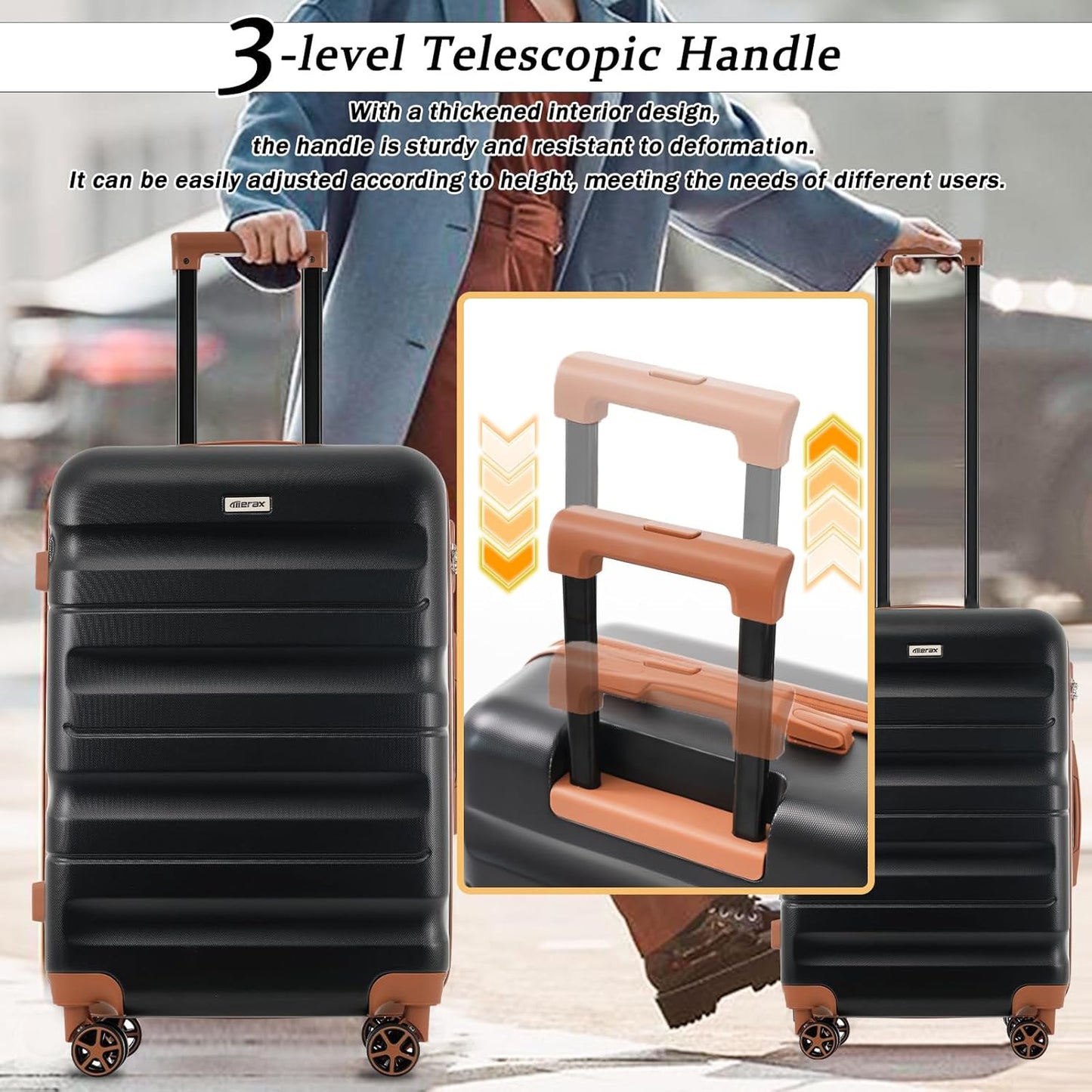 Merax Luggage Set 6 Piece, Hardshell ABS Suitcases with 8 Silent Spinner Wheels, Durable and Lightweight Travel Luggage for Family Trips, Black Brown