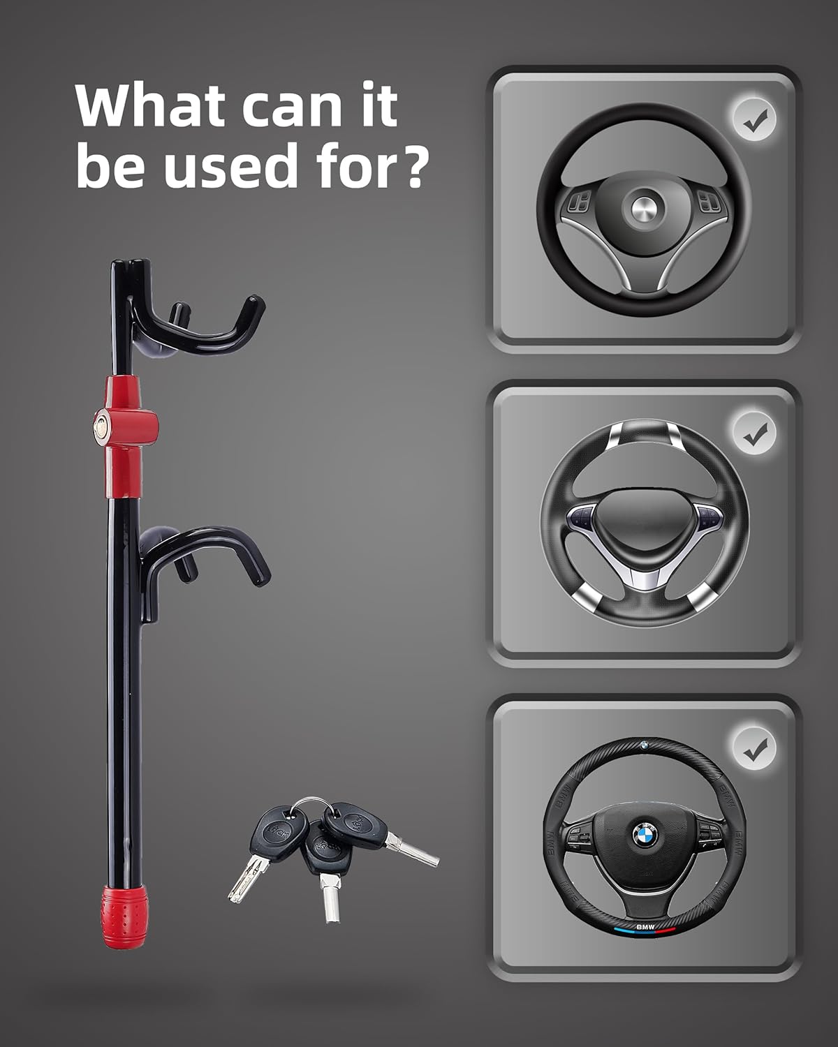 Dodomes Steering Wheel Lock Anti-Theft Heavy Duty Secure Car Device, Adjustable Length Clamp Double Hook Locks Universal Fit Black